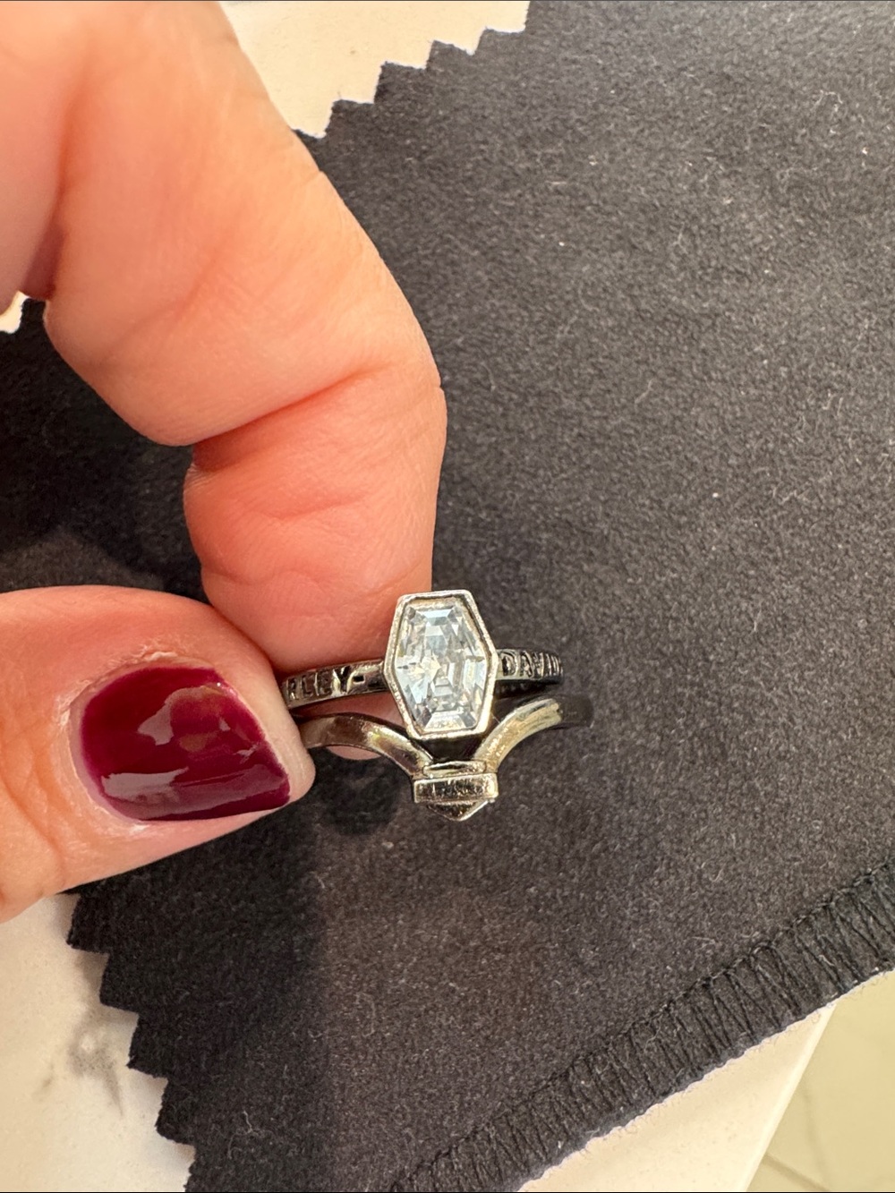 Harley-Davidson Sterling Silver Hexagon-Cut Clear Stone Ring Set